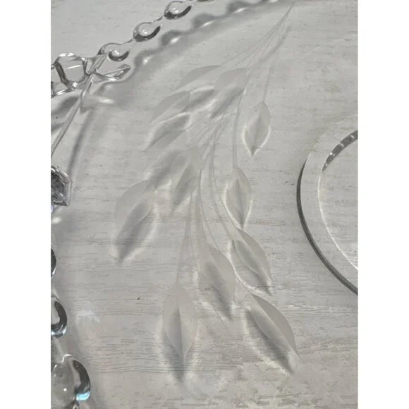 Hughes Cornflower Handled Plate Candlewick Border Etched Glass Serving Tray Vtg - Picture 5 of 7